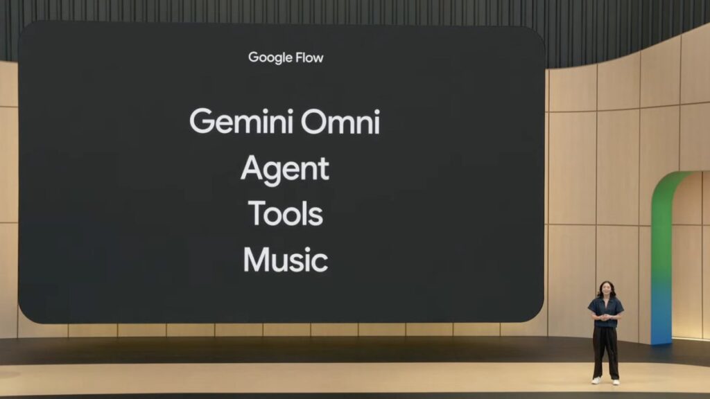 Google I/O 2026 sahnesinde Google Flow için Gemini Omni, Agent, Tools ve Music özellikleri