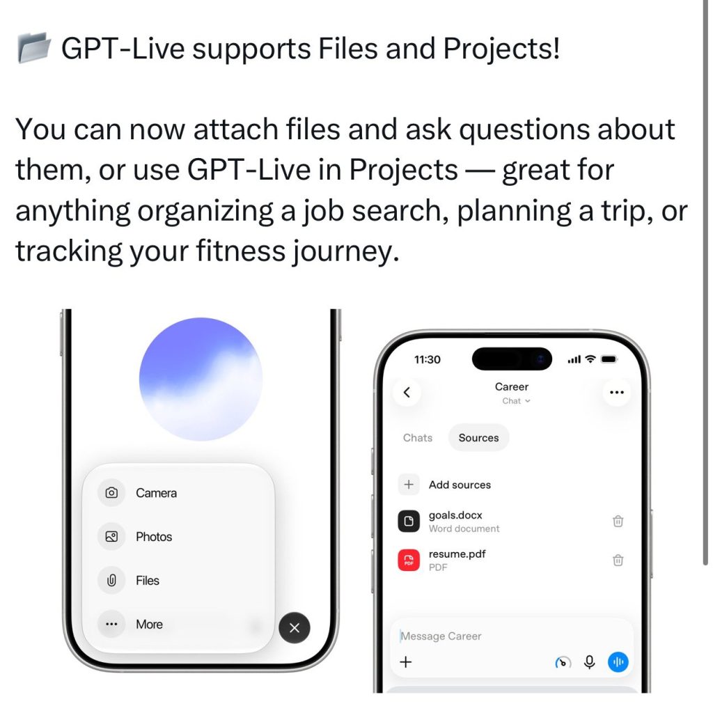 ChatGPT GPT Live ses modunda dosya ekleme ve Projects desteği