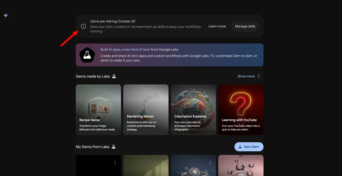 Google Gemini Gems kapatiliyor ekran goruntusu