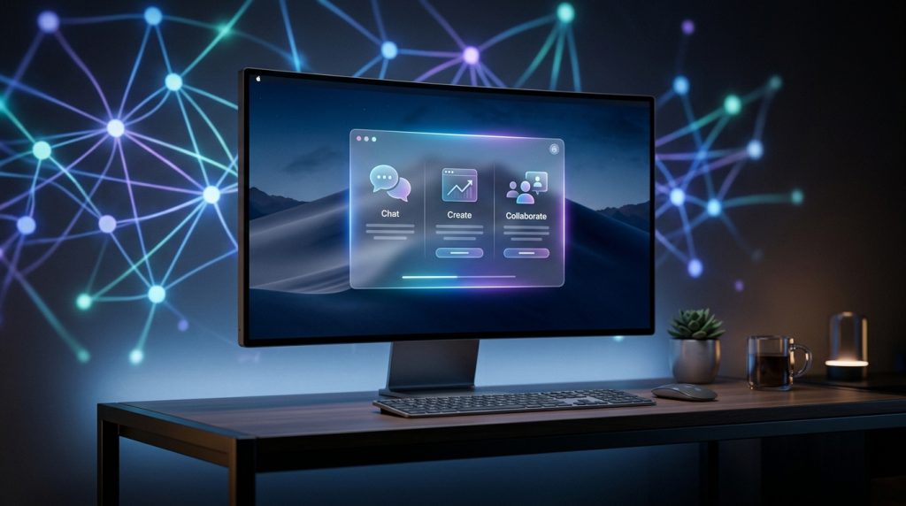 Masaüstünde yapay zeka asistan arayüzünü gösteren modern Mac çalışma alanı