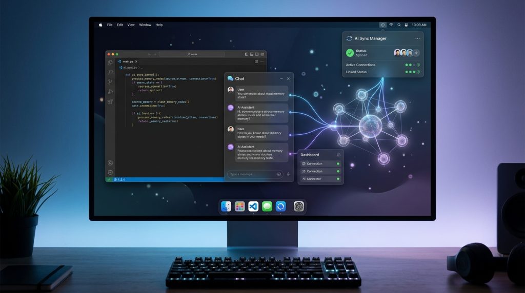 Kod editörü ve yapay zeka sohbetlerini senkronlayan macOS masaüstü uygulamasını temsil eden kapak görseli