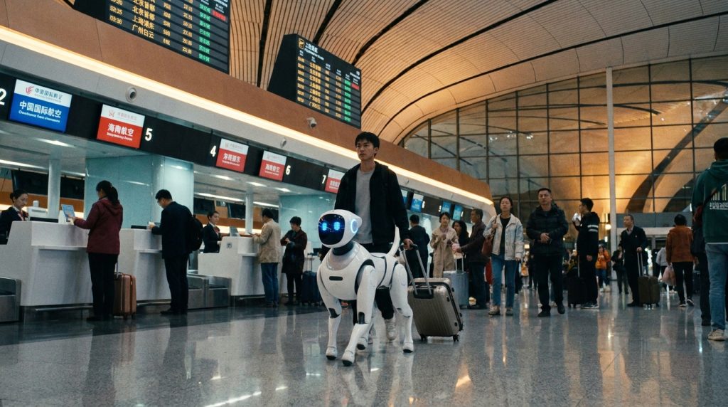 Beijing 2026 Dunya Robot Konferansinda insansı robot rehber kopek gorseli