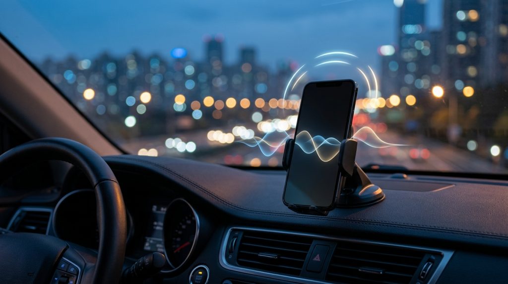 Araç içinde telefon tutucuda ses dalgalarıyla gösterilen sesli asistan konsepti