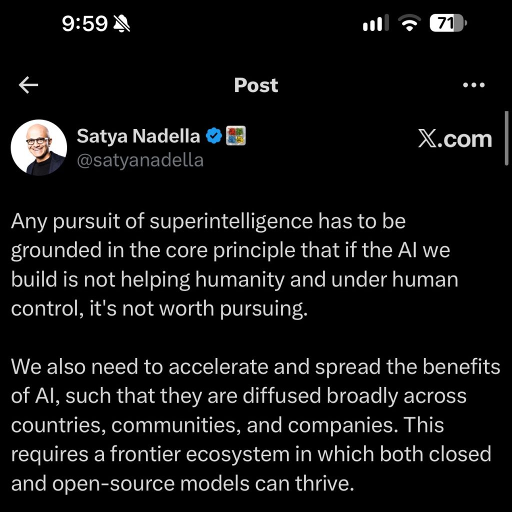 Satya Nadella'nın 13 Eylül 2026 tarihli X paylaşımının ekran görüntüsü